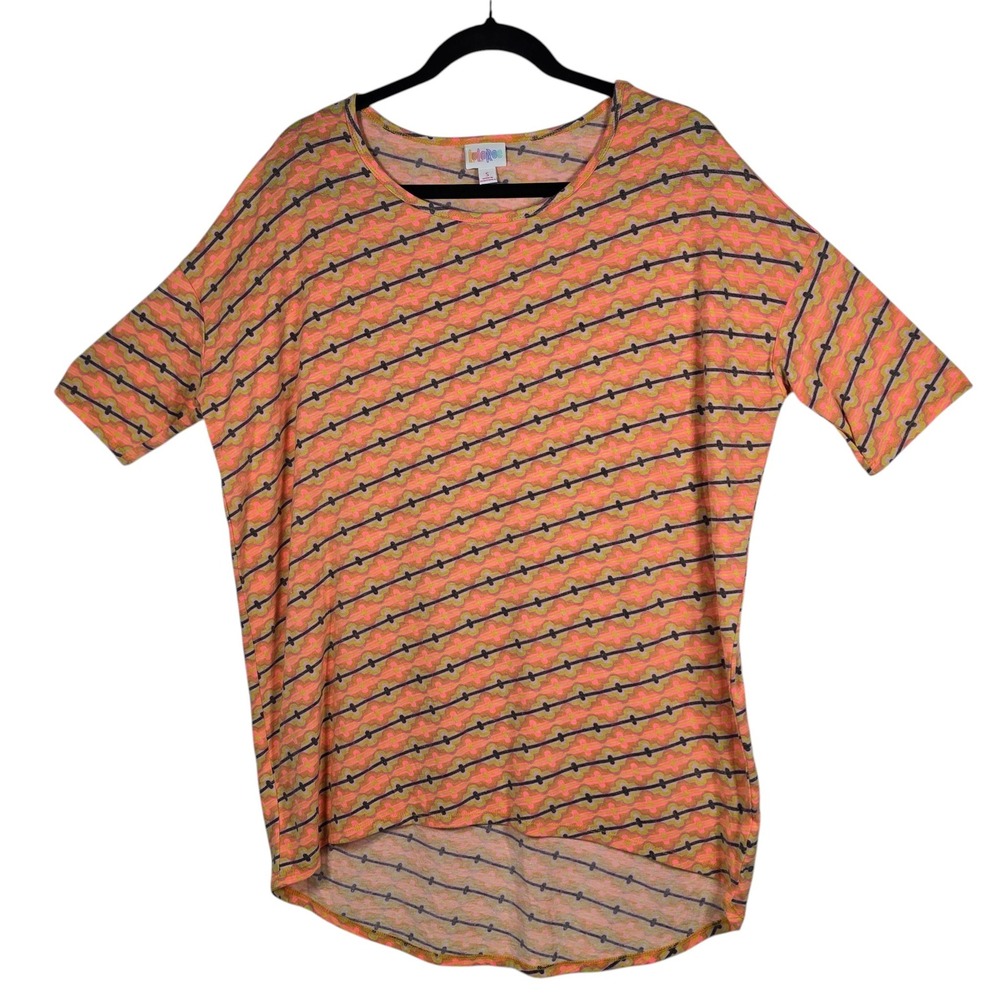 LuLaRoe Irma Tunic Top Womens Small Pink Yellow Geometric High Low Short Sleeve‎